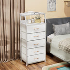 Furnulem White Tall Dresser for Bedroom, 5 Fabric Bins Tall Nightstand | Dorm Dresser, Vertical Storage for Closet, Chest of Drawer for Entryway, Nightstand Bedside Table, Metal Frame,Wood Top