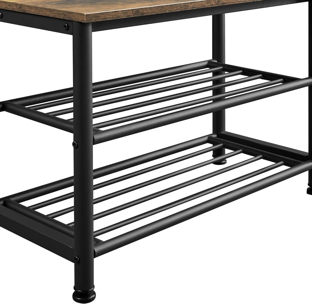 Yaheetech Metal Hall Tree with Shoe Storage Bench Entryway Coat Rack with 2 Shoe Shelves & 9 Movable Hooks, Rustic Brown