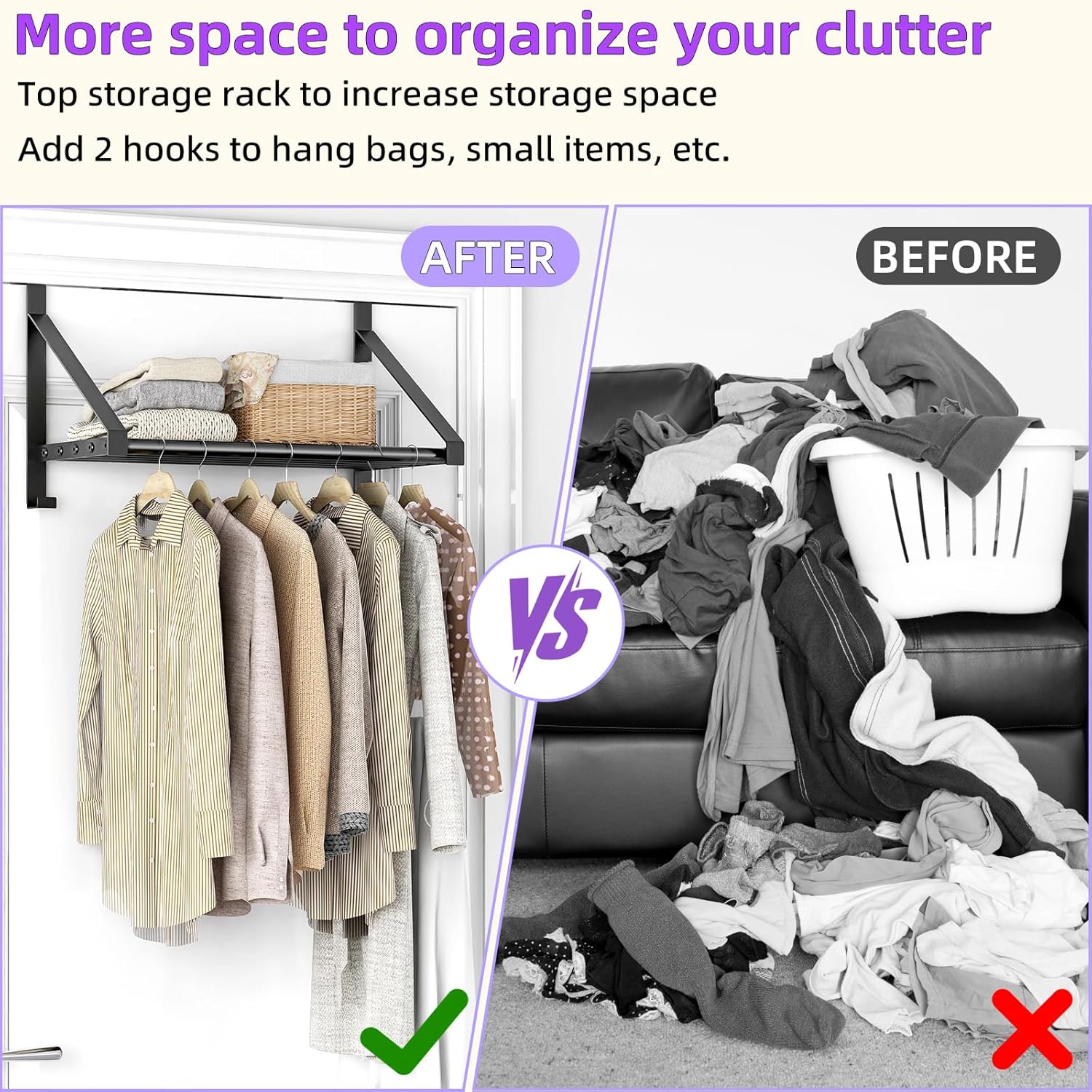 Over The Door Clothes Hanger with 2 Hooks, Stainless Steel Over The Door Hangers for Clothes with Storage Rack, Clothing Hanger Drying Racks for Laundry, Washroom, Fits Door Up to 1.77", Matte Black