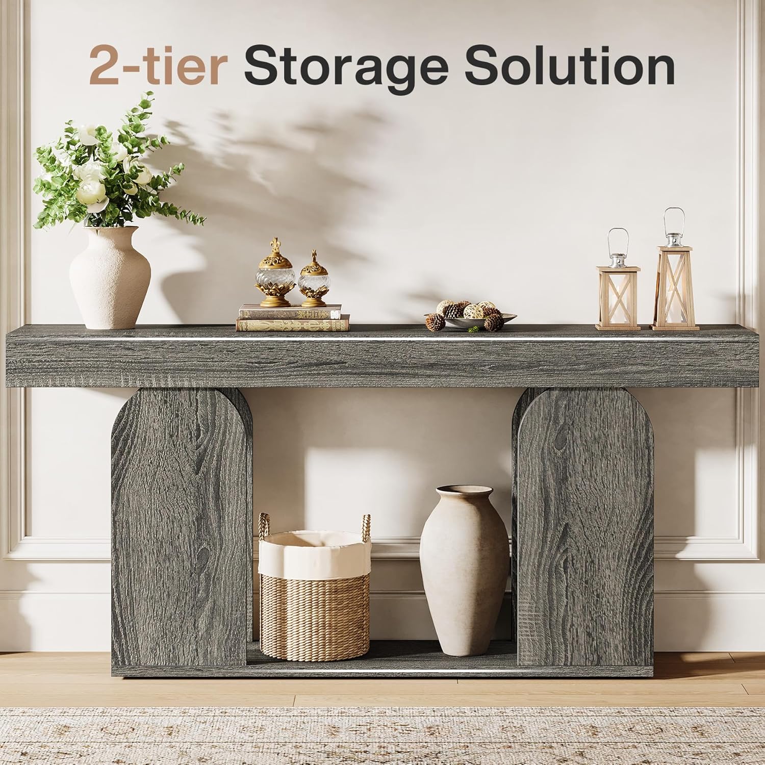 Tribesigns 70.9-Inch Extra Long Sofa Table, Farmhouse Console Tables with Wood Frame and Storage Shelf, 2-Tier Wood Table Behind Couch for Living Room, Hallway, Foyer, Light Brown (Dark Gray)