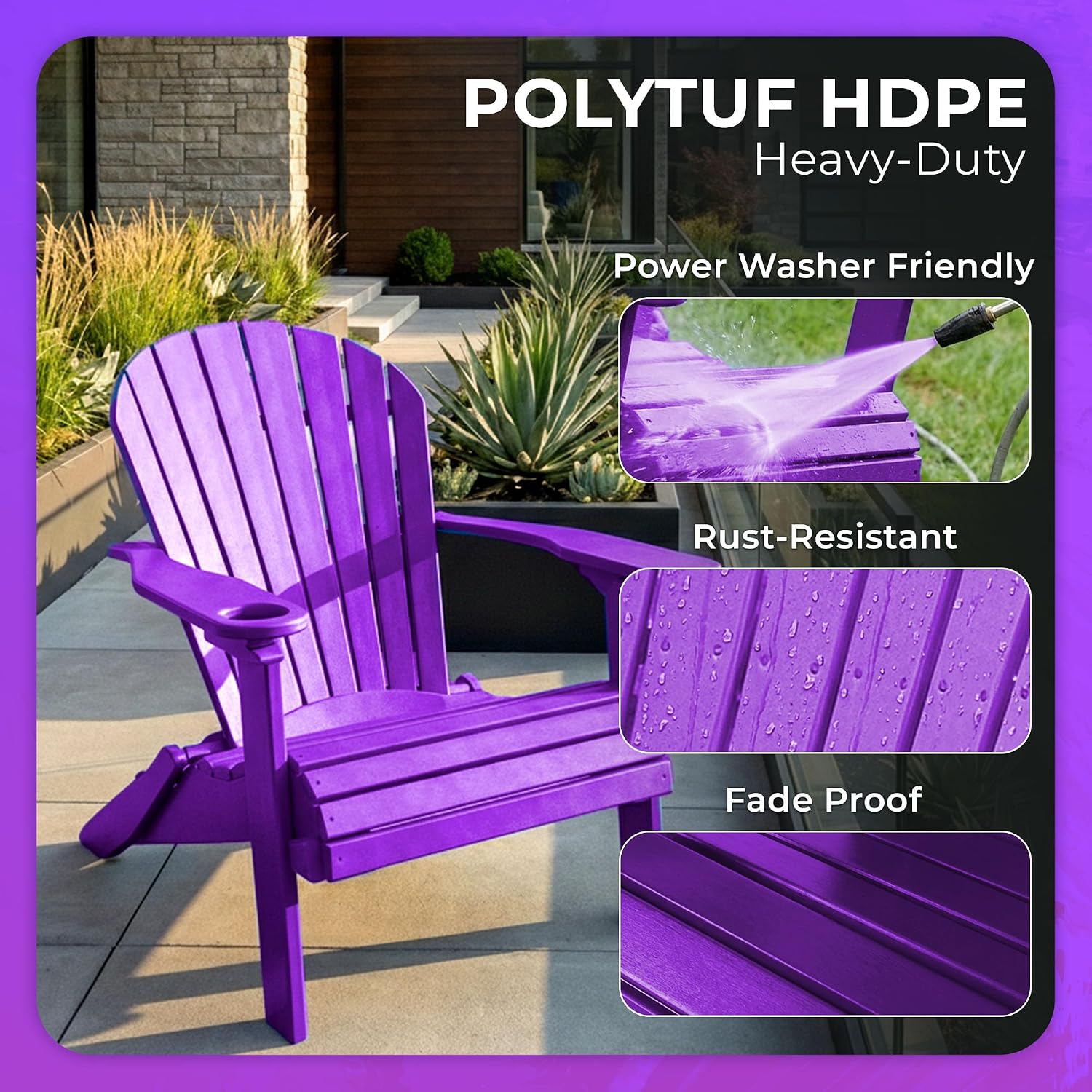 Ecommersify Folding Adirondack Chair with Cup Holder - (Bright Purple) - Heavy Duty Recycled Poly Lumber Folding Chair - Amish Crafted Outdoor Furniture - Made in USA