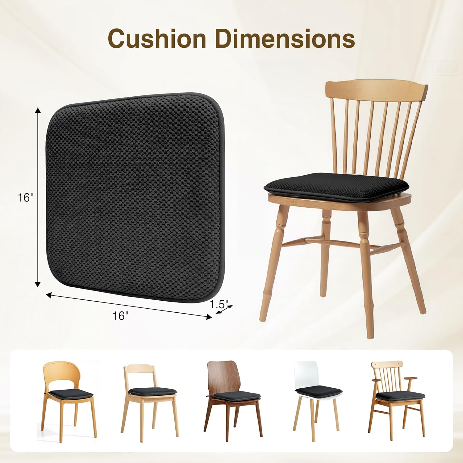 puredown® Chair Cushions for Dining Chairs, Set of 2 Memory Foam Seat Cushions with Non-Slip Backing & Ties, 16" x 16" x 1.5", Comfortable & Supportive Dining Chair Pads for Kitchen, Black