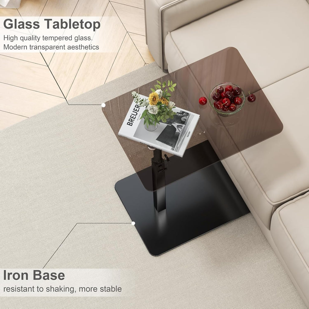Glass C Shaped End Table Adjustable Height, Metal Base C Shaped Side Table for Sofa/Bed, 360°Swivel Couch Tables That Slide Under, Small Clear Coffee Table for Bedroom Living Room (Glass)