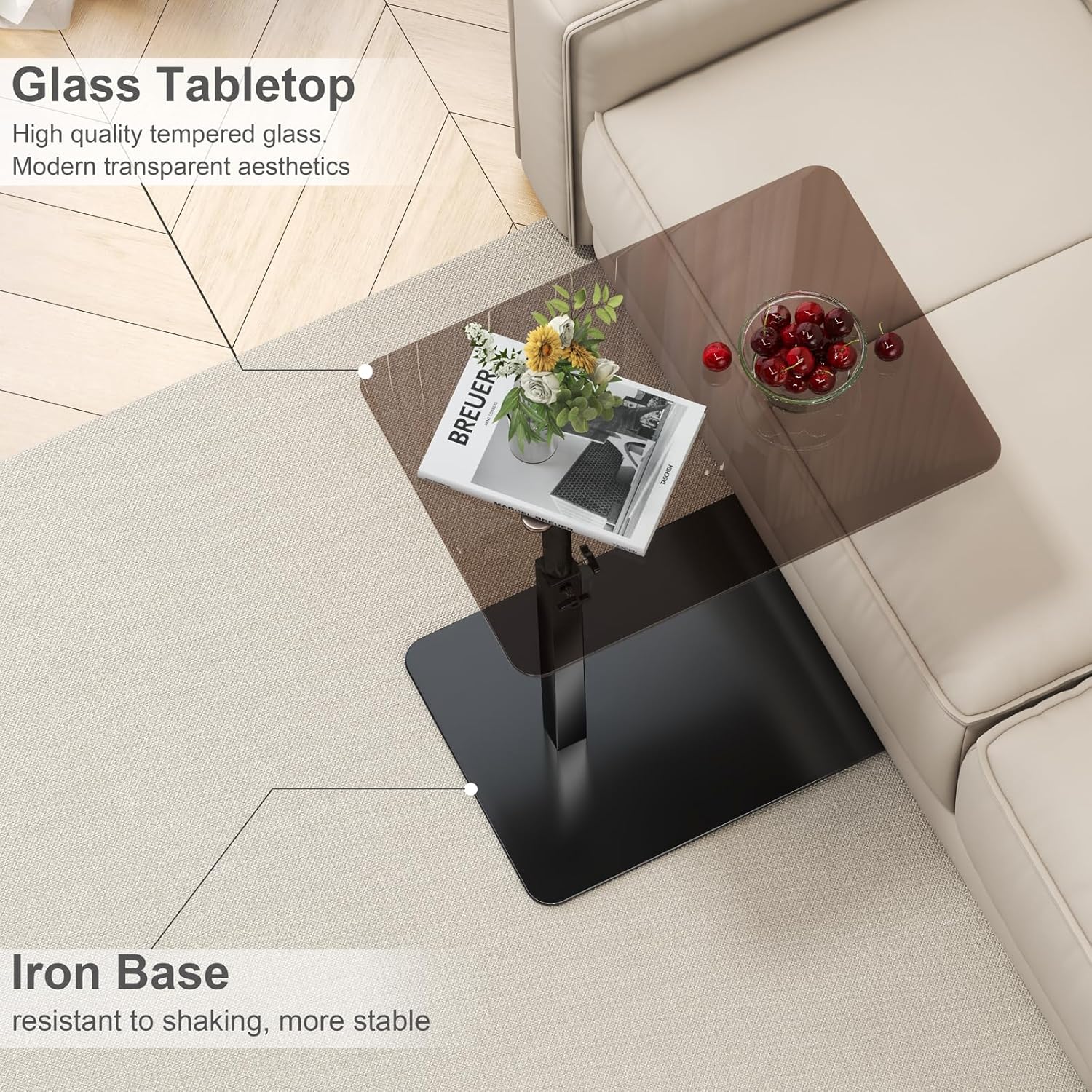 Glass C Shaped End Table Adjustable Height, Metal Base C Shaped Side Table for Sofa/Bed, 360°Swivel Couch Tables That Slide Under, Small Clear Coffee Table for Bedroom Living Room (Glass)