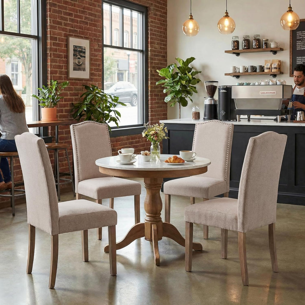 Upholstered Dining Chair Modern Stylish Parsons Kitchen Diner High Back with Silver Nailhead Trim & Wood Legs, Set of 2