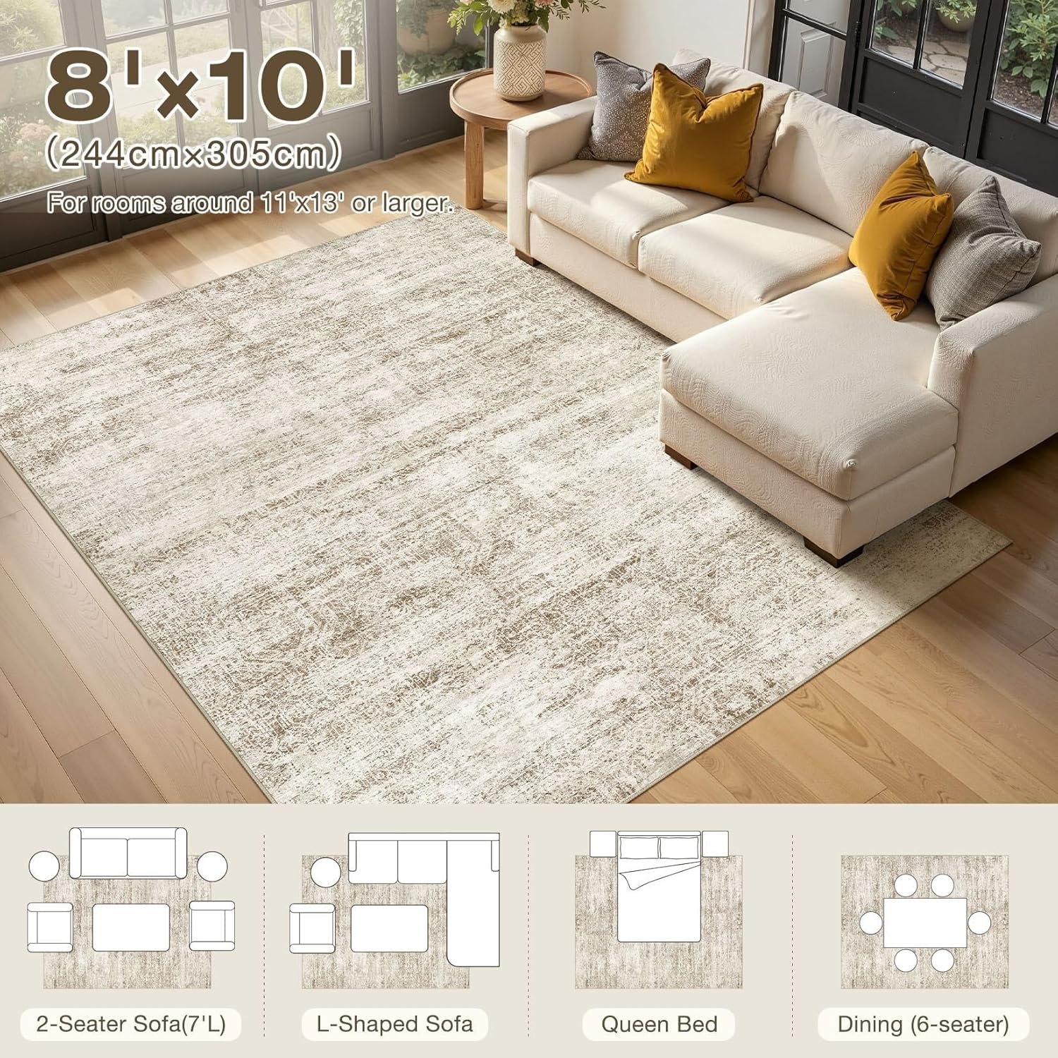 8x10 Area Rugs Living Room: Washable Non Slip Soft Abstract Beige Rugs for Bedroom Dining Deor, Low Pile Stain Resistant Indoor Carpet for Farmhouse Nursery Office Kid & Pet Friendly