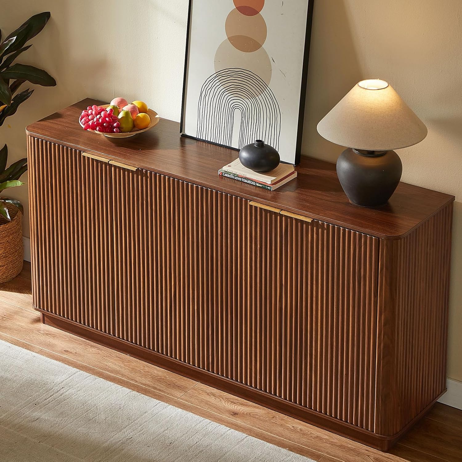 VMU 63" Fluted Sideboard Buffet Cabinet with Storage, Walnut Modern Wood Credenza Media Console with 4 Doors, Mid Century Sideboard for Living Room Kitchen Entryway