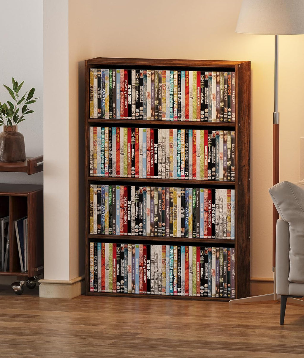 4 Tier DVD Storage Shelf, Media Storage Tower for CDs & Video Games, Freestanding Organizer Shelf for Living Room Home Office, Holds 160+ DVDs(Amber Pine)