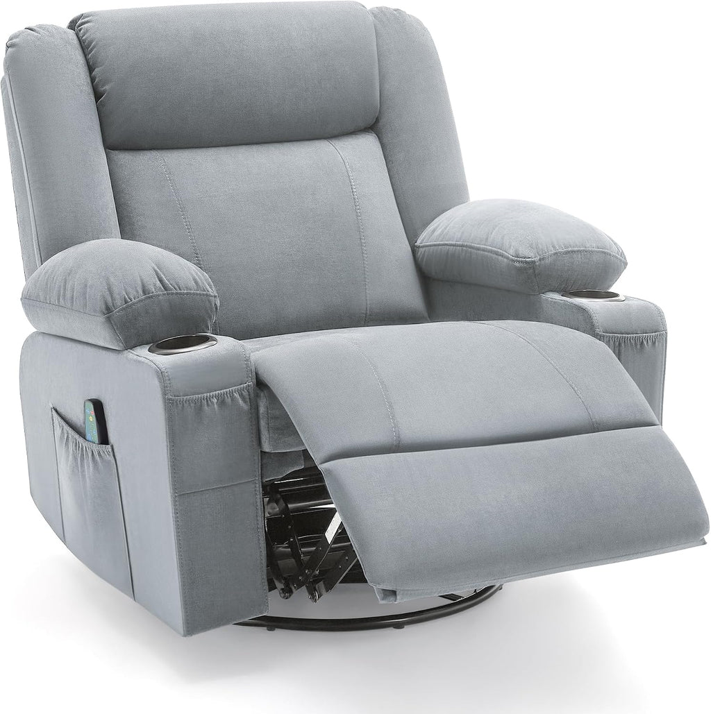 Swivel Rocker Recliner Chair with Heat and 8-Point Massage, Extra Wide Manual Lounge Sofa for Adults, Overstuffed Living Room Chair with 2 Cup Holders 4 Pockets & Remote (-Grey)
