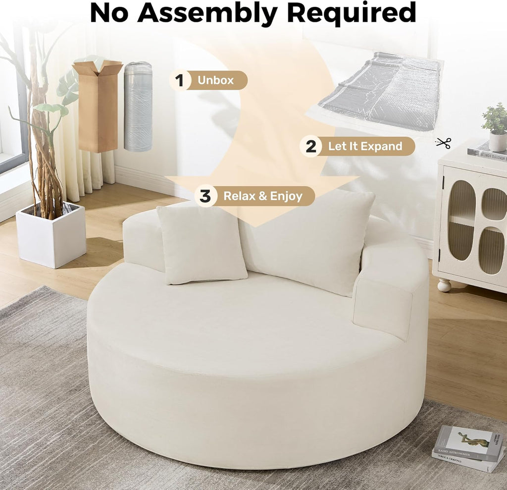 55in Round Chaise Longue Chair Indoor Modern Oversize Upholstered Deep Seat Circle Single Cloud Lounge Floor Sofa Bed with Pillow for Living Room Bedroom Apartment (Beige)