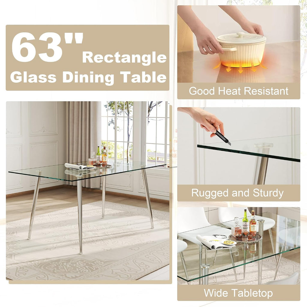 63" Glass Dining Table for 4, Rectangular Modern Kitchen Tables with Glass Tabletop and Metal Trestle Legs for Restaurants and Dining Room, Silver