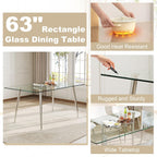 63" Glass Dining Table for 4, Rectangular Modern Kitchen Tables with Glass Tabletop and Metal Trestle Legs for Restaurants and Dining Room, Silver