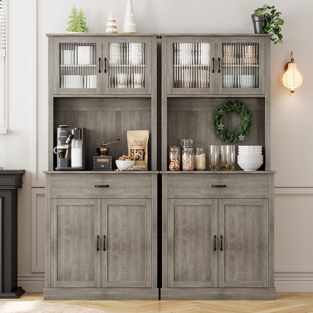 71” Kitchen Pantry Storage Cabinet with Glass Doors and Microwave Stand, Freestanding Tall Kitchen Cabinet with Adjustable Shelves for Dining Room, Grey