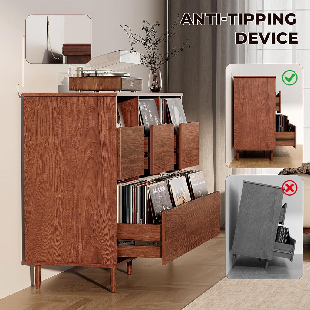 BROTTAR 47.2" Large Record Player Stand, 7“/10"/12" Vinyl Record Storage Cabinet, Mid Century Turntable Stand, Vinyl Record Holder, Media Cabinet with DVD Drawers for Living Room, Music Corner, Brown