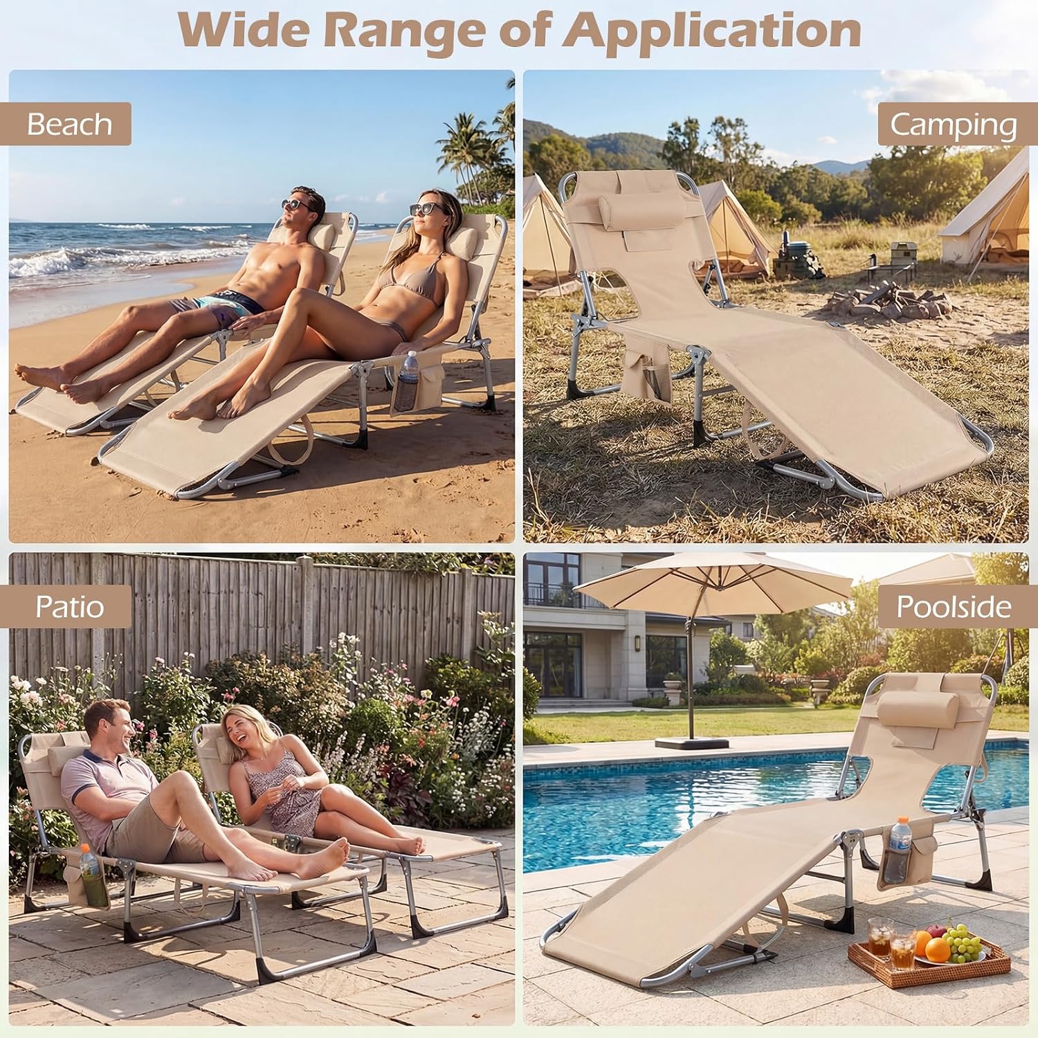 GYMAX Tanning Chair with Face Hole, Sun Bathing Lounge Chairs for Outside with Side Pocket, Folding Portable Face Down Layout Tanning Chair Beach, Backyard, Poolside, Lawn (Sand,1)
