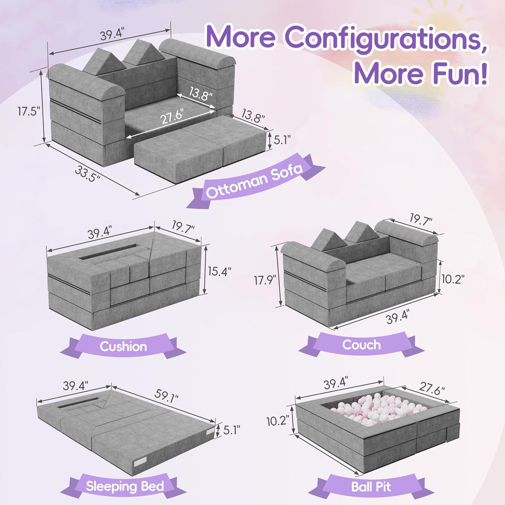 Betterhood Modular Kids Play Couch, Convertible Foam Couch for Toddlers, Child Sectional Kids Sofa for Playroom Bedroom, Grey
