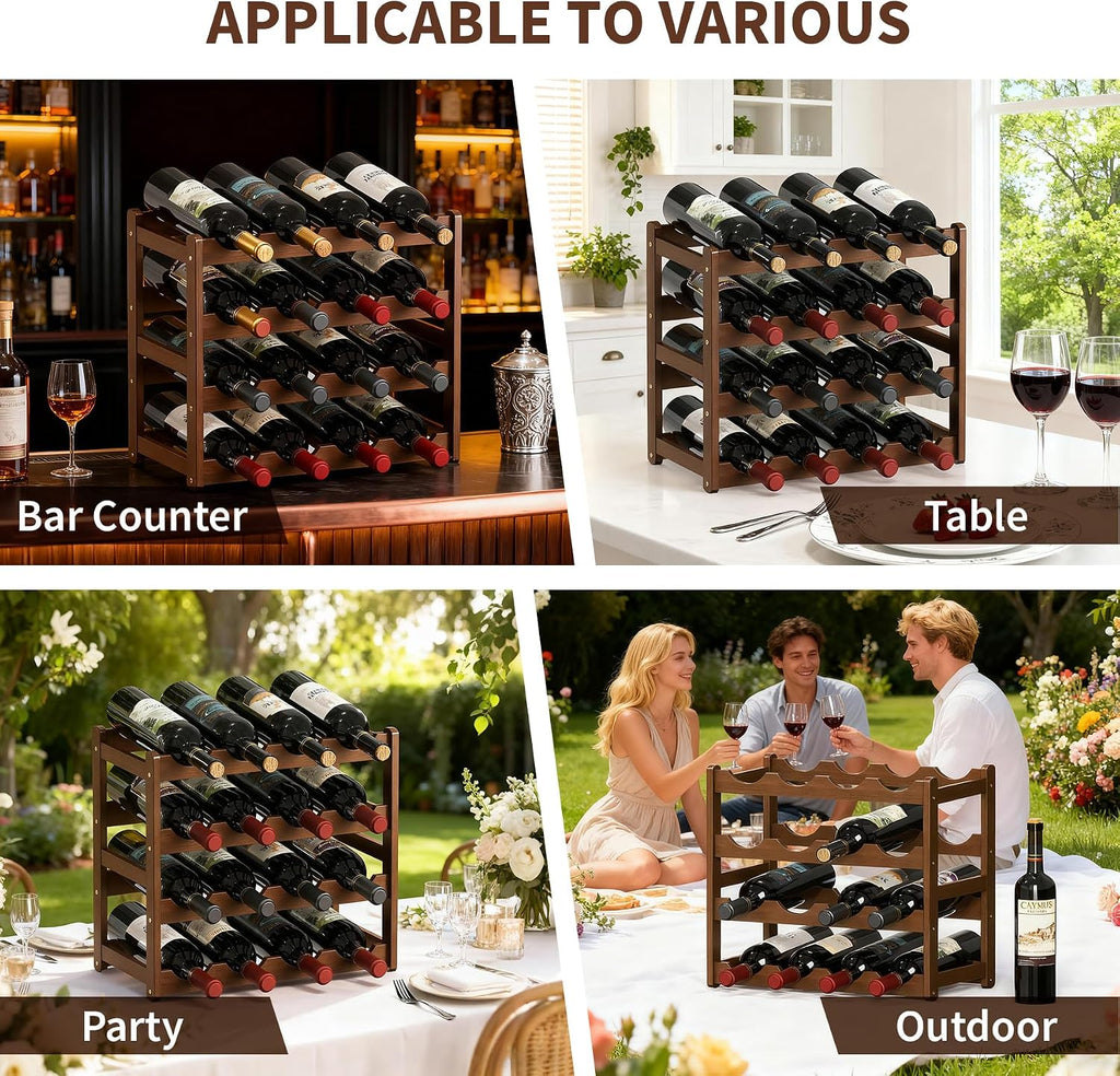 Wine Rack 16-Bottle Capacity, Space-Saving Countertop Wine Storage Organizer – Sturdy Bamboo Wine Holder for Kitchen, Bar,Cabinets & Pantry, Easy Access & Clutter-Free Organization(4-Tiers)