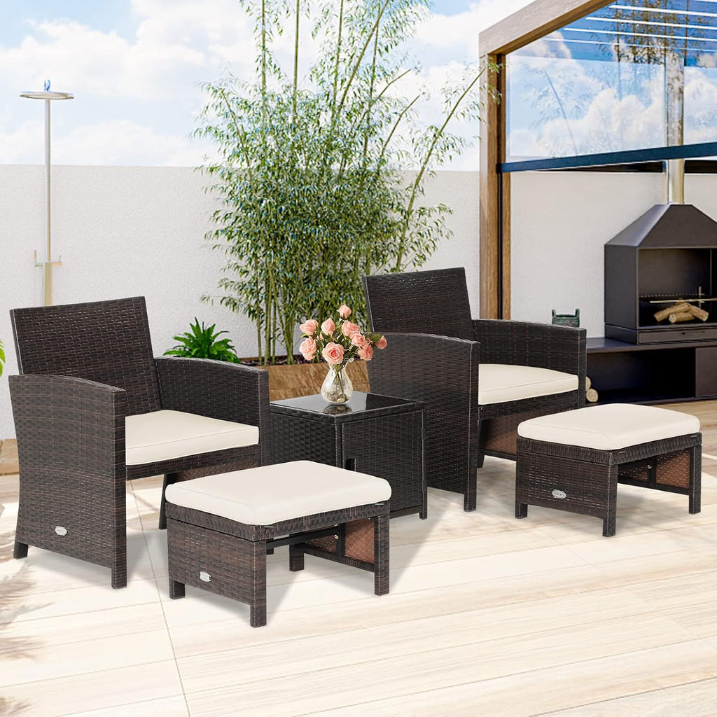 COSTWAY 5PCS Patio Rattan Furniture Set, Cushioned Sofa Chairs with Ottomans and Side Table, Outdoor Wicker Conversation Sets for Deck Backyard Garden Porch, White