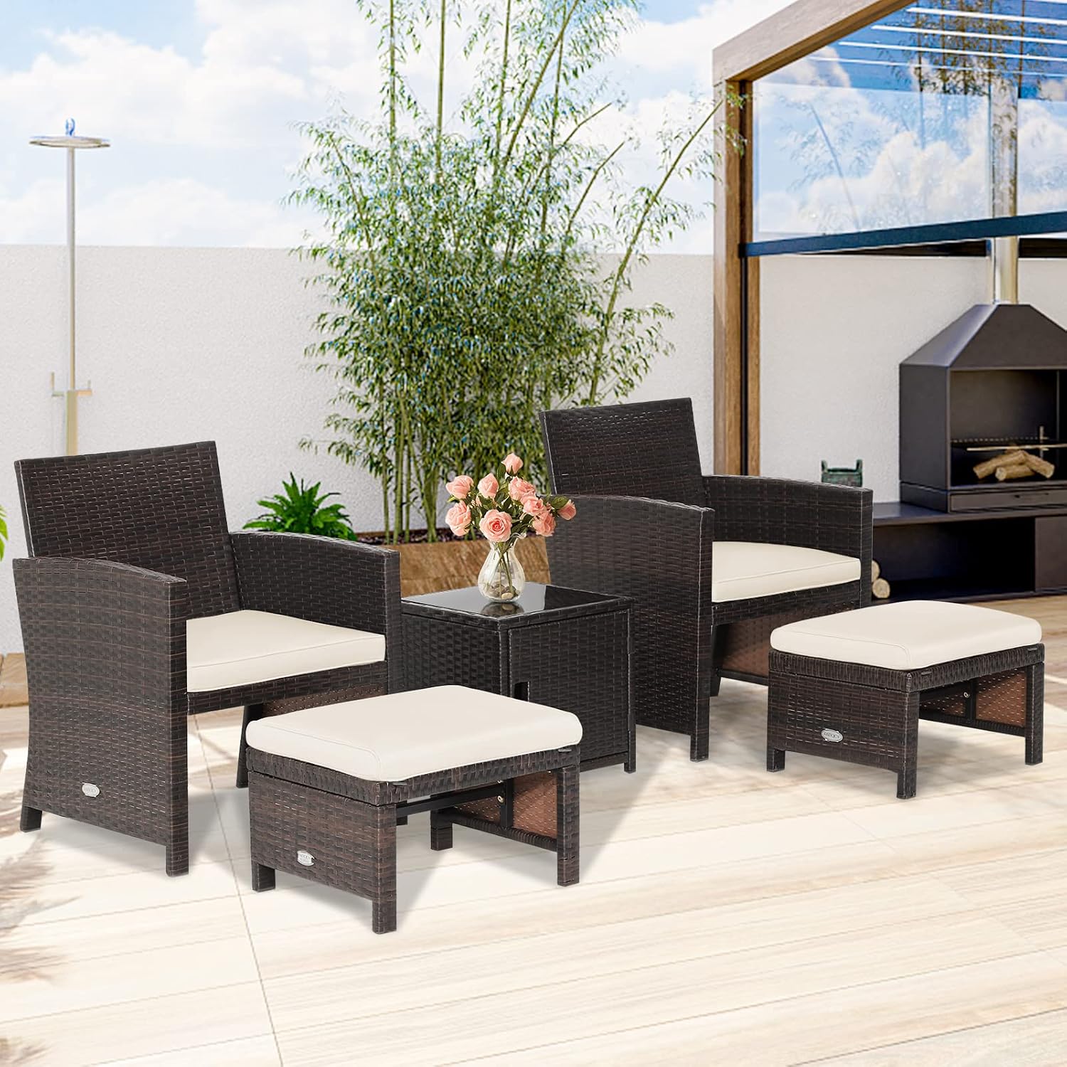 COSTWAY 5PCS Patio Rattan Furniture Set, Cushioned Sofa Chairs with Ottomans and Side Table, Outdoor Wicker Conversation Sets for Deck Backyard Garden Porch, White