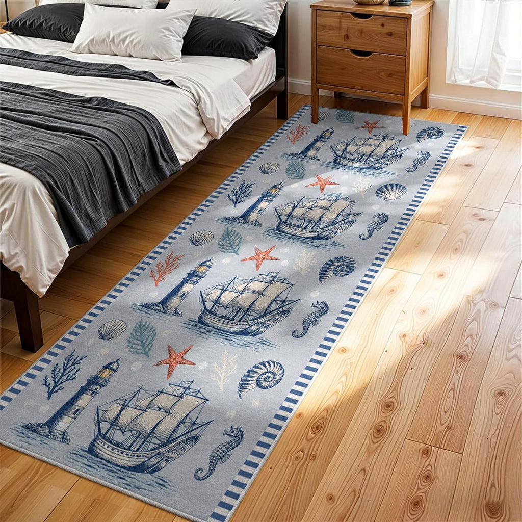 Vintage Nautical Lighthouse Entryway Runner Rug 2' x 5', Coastal Beach Sailing Ship Blue Striped Border Kitchen Floor Carpets, Non-Slip Low-Profile Door Mat for Farmhouse Hallway Dining Room