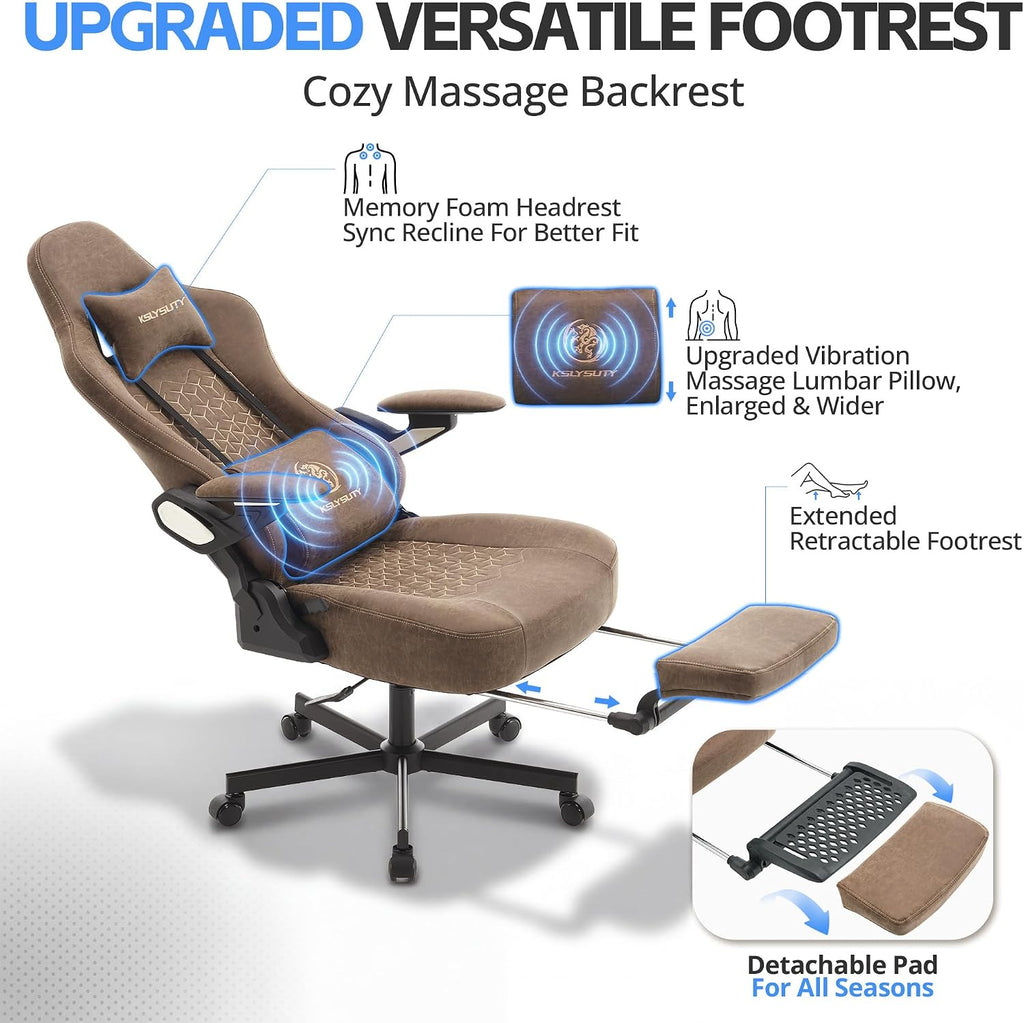 Ergonomic Gaming Chair for Adults - Big and Tall Desk Chair with Lumbar Support and Mechanical Arm Armrests, Comfortable Gamer Computer Chair, Gaming Chairs with Footrest (Brown Leather)