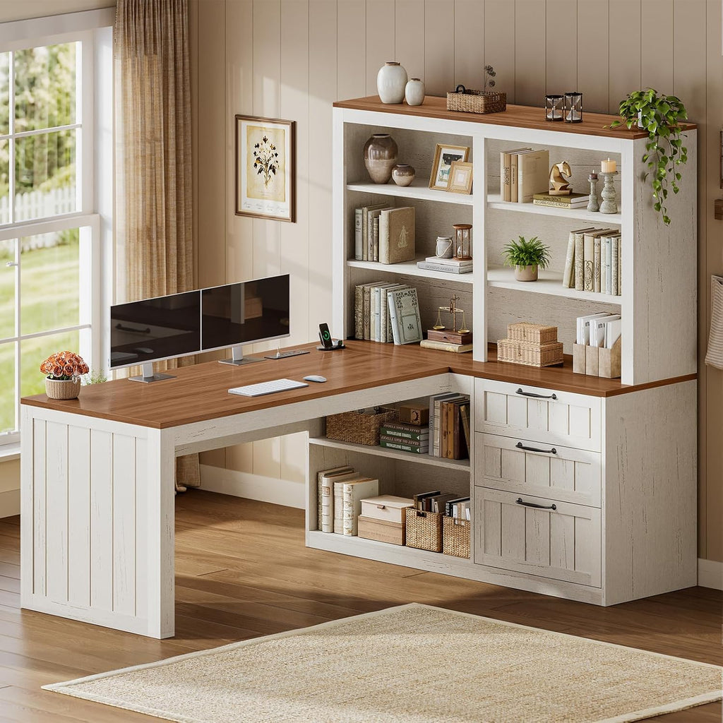 SEDETA Farmhouse L Shaped Computer Desk, 59'' Wood Office Desk with 3 Drawers and 5-Tier Bookshelf, Corner Desk with Storage Shelves and Power Outlet for Home Office Small Space, Vintage White + Brown