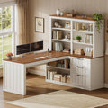 SEDETA Farmhouse L Shaped Computer Desk, 59'' Wood Office Desk with 3 Drawers and 5-Tier Bookshelf, Corner Desk with Storage Shelves and Power Outlet for Home Office Small Space, Vintage White + Brown