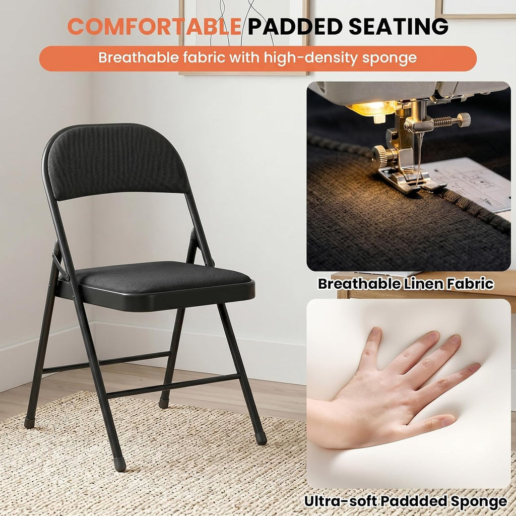 6 Pack Folding Chairs, Fabric Dining Chair Set with Padded Cushion and Back, Indoor Outdoor Seat for Home Office, Parties, Events, Wedding, Extra Guest Seating, Obsidian Black