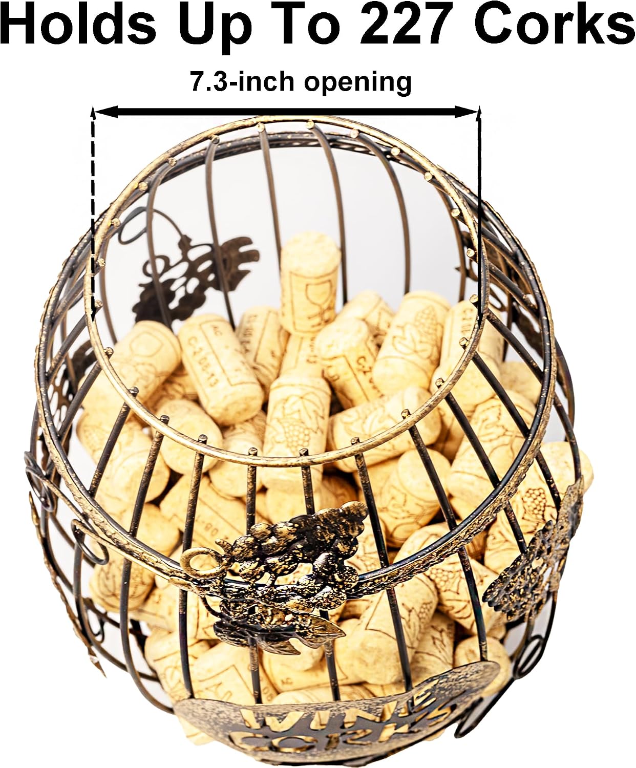 Wine Cork Holder for Countertop or Cabinet, Barrel-Shaped Metal Cork Holder Holds Up to 227 Wine and Champagne Corks, Storage Organizer with Open Top and Non-Slip Base for Bar Area Kitchen