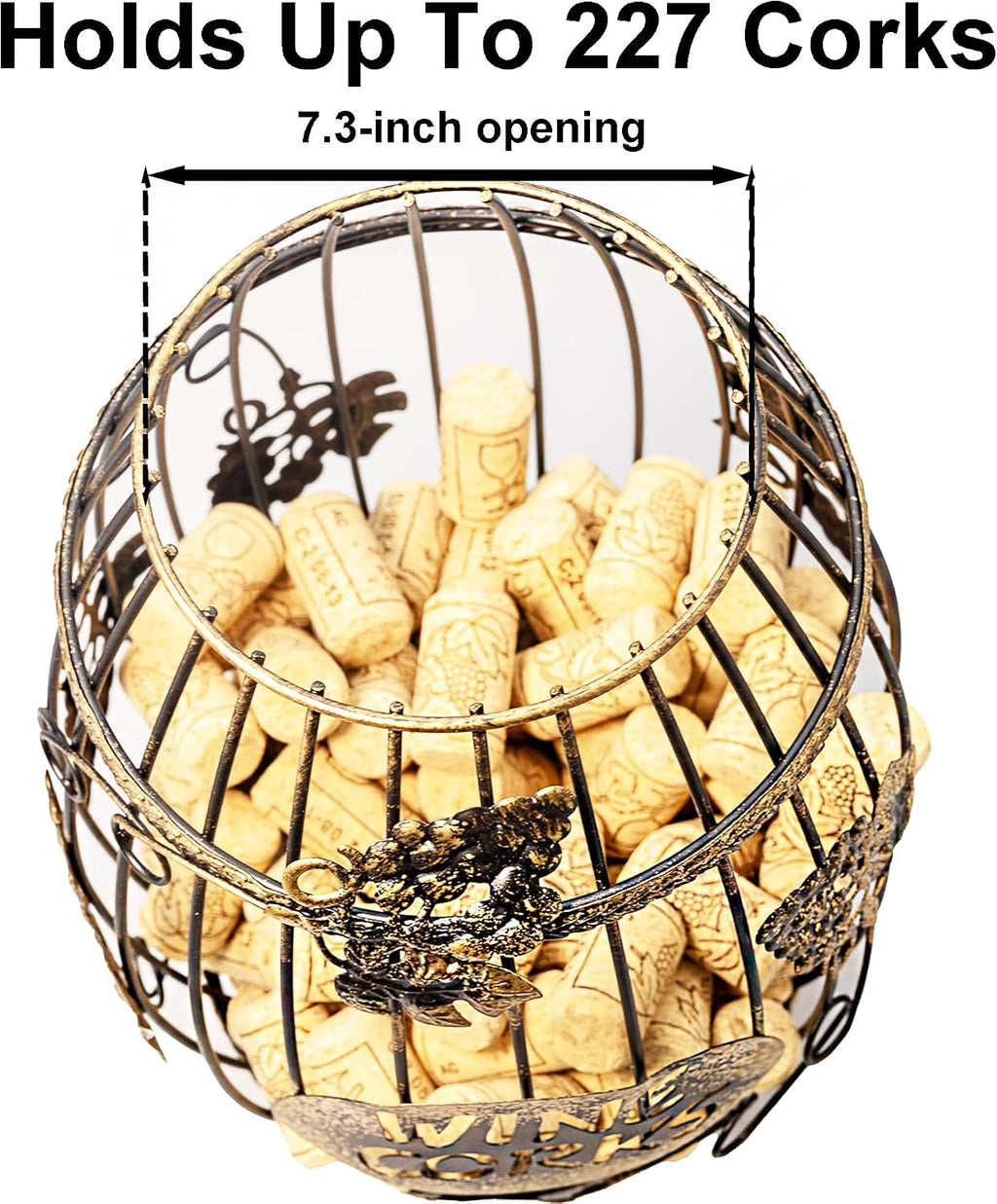 Wine Cork Holder for Countertop or Cabinet, Barrel-Shaped Metal Cork Holder Holds Up to 227 Wine and Champagne Corks, Storage Organizer with Open Top and Non-Slip Base for Bar Area Kitchen