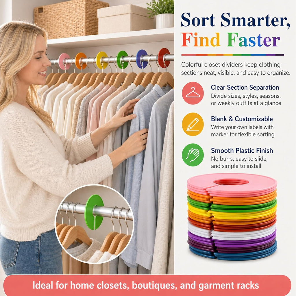 Closet Dividers Clothes Organizers - Sukh Closet Organizers Plastic Clothes Size Dividers Labels Separators for Garment Organizer Boutique Hanger Clothing Rack No Burrs 10 Assorted Colors (50)