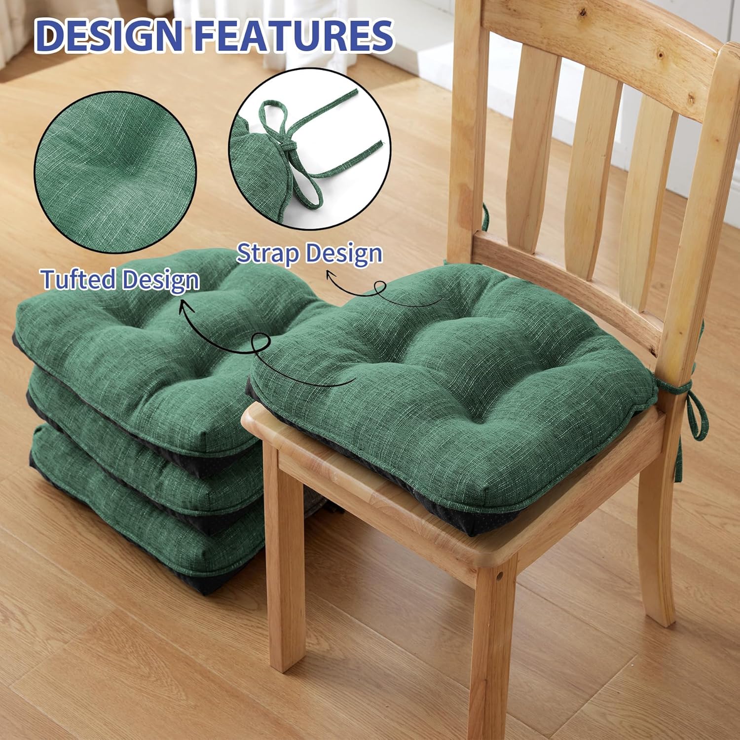 IPYNBAP Chair Cushions for Dining Chairs Set of 4, Kitchen Chair Cushions, Chair Pads with Ties Non Slip Backing, Christmas Room Decor, Tufted Memory Foam Seat Cushion 4 Pack, 15.5x15.5x4, Dark Green