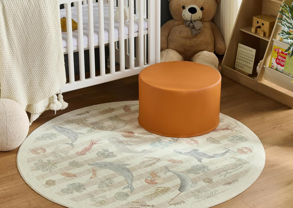 Large 22" Sturdy Sitting Pouf Ottoman Wipe-Clean Leather Boho Geometric Design for Kids Toddler Playroom with Foam Filling as Seating Footrest Side Table College Dorm Décor (Burnt Orange)