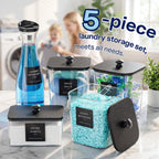 3+1+1 Pack Laundry Pods Container & Dryer Sheet Holder with Lid, 54OZ Liquid Soap Detergent Dispenser for Powder, Beads and Fabric Softener, Black Laundry Room Organization and Storage, 10 Labels