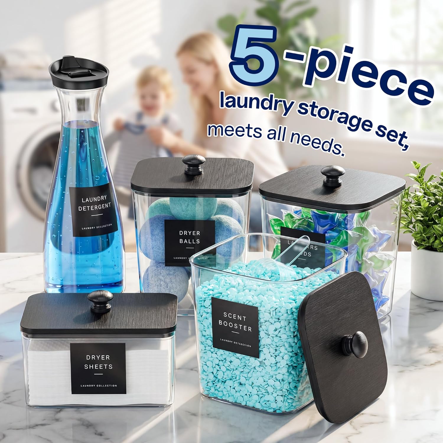 3+1+1 Pack Laundry Pods Container & Dryer Sheet Holder with Lid, 54OZ Liquid Soap Detergent Dispenser for Powder, Beads and Fabric Softener, Black Laundry Room Organization and Storage, 10 Labels