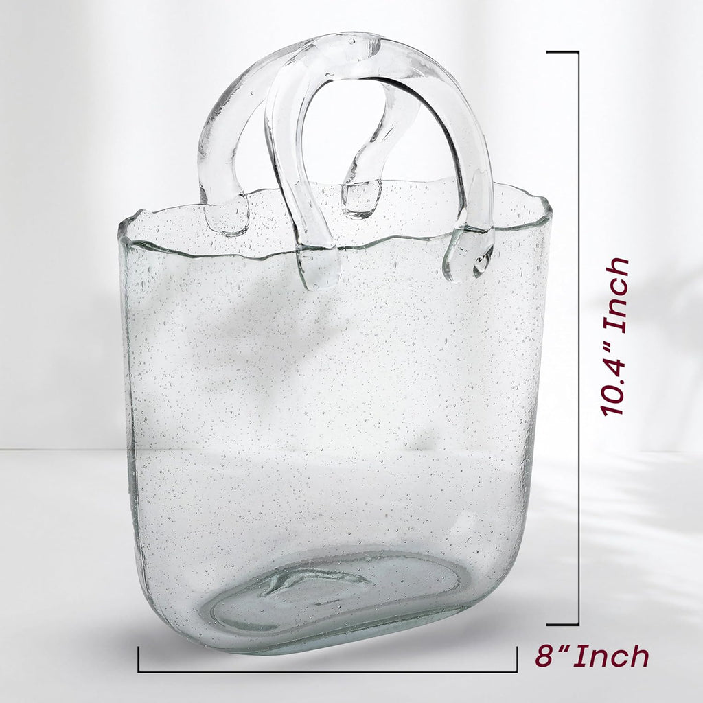 OLEEK Purse vases for Flowers (Handmade) Glass Bag vase -10 Inches- Blue for centerpieces & Fish Bowl - Handbag Unique Flower vase Decorative - Glass Handbag vases for Cute Room Decor