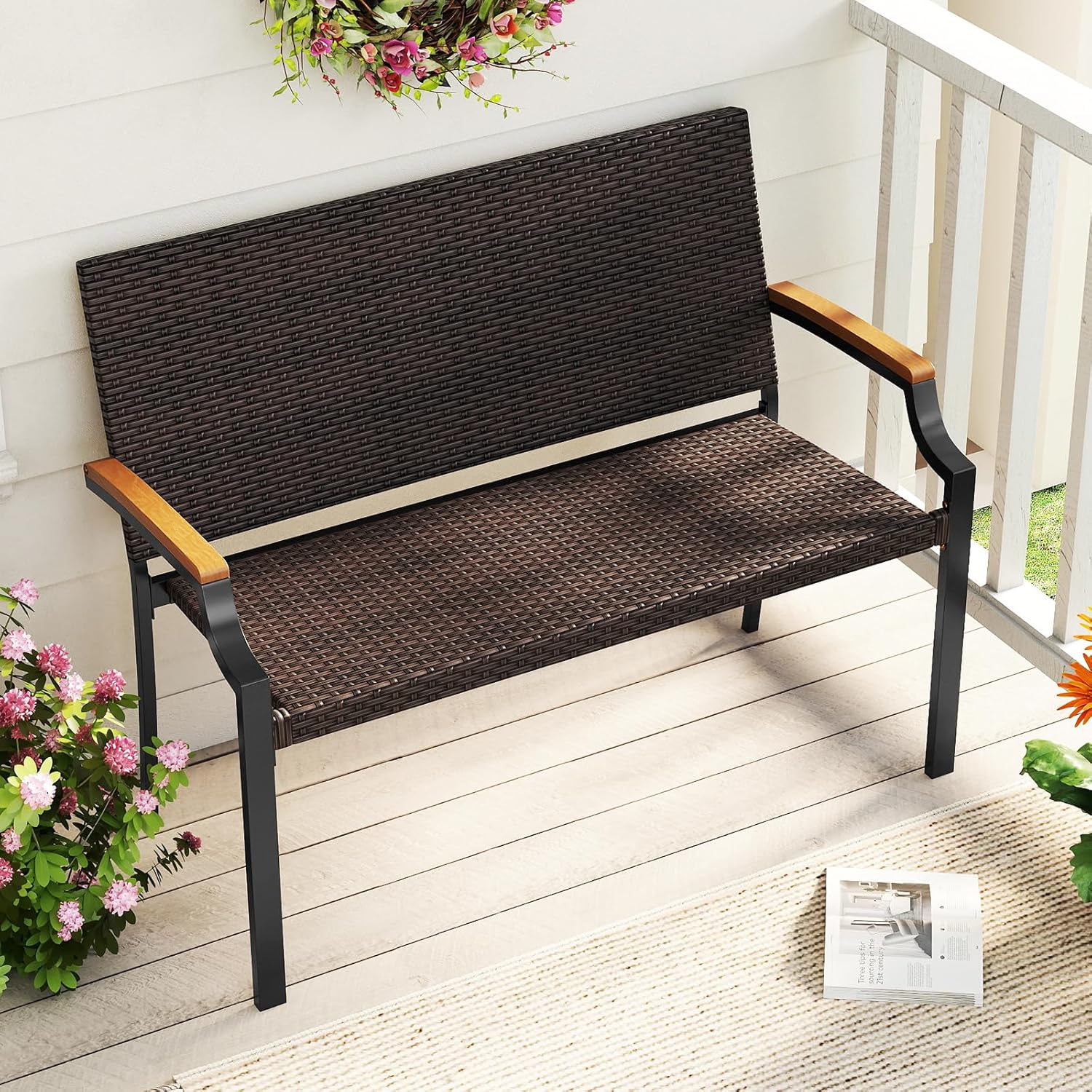 Tangkula Stackable Patio Wicker Loveseat Bench, 2-Person Rattan Outdoor Bench with Acacia Wood Armrests & Metal Frame, Rattan Conversation Furniture for Backyard, Garden, Balcony, Porch (1,Mix Brown)
