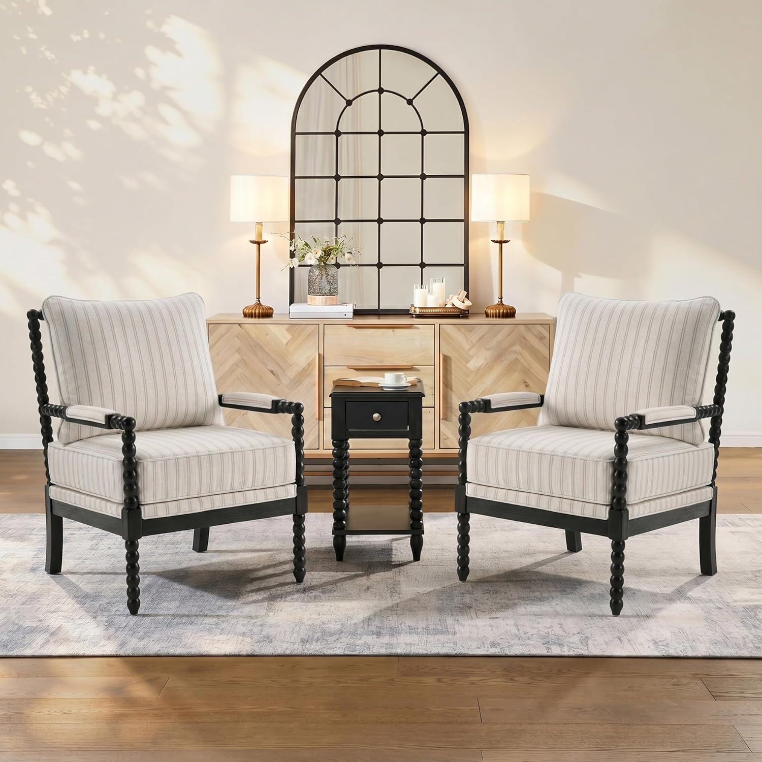 DUHOME Linen Fabric Spindle Accent Chair Set of 2,Bobbin Chair with High Resilience Spring Cushion and Armrest Pads, Leisure Armchair for Living Room Bedroom Farmhouse Home Office Belcony