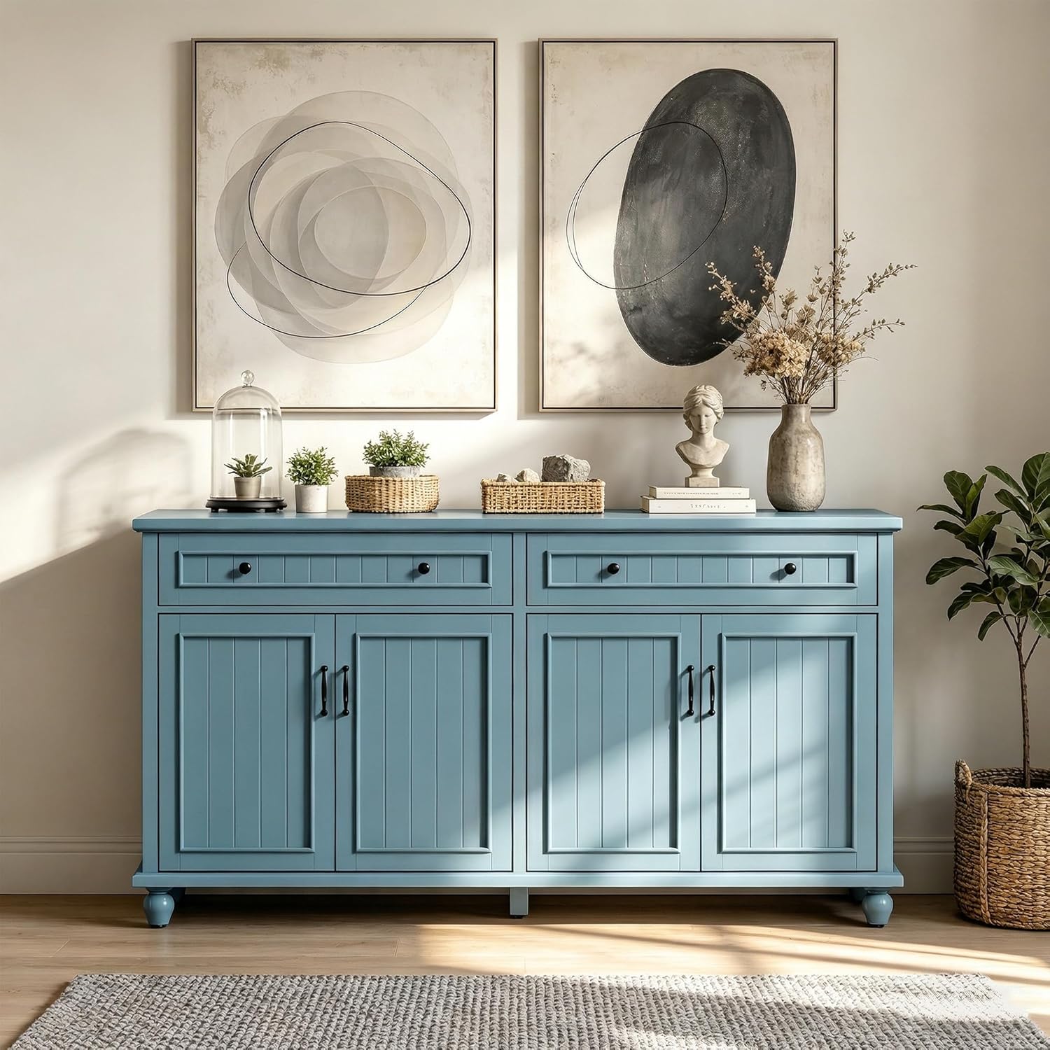 Scurrty Sideboard Buffet Cabinet, 62'' Large Storage Cabinet with Drawers and 4 Doors, Vintage Coffee Bar Cabinets with Adjustable Shelf for Kitchen, Living Room, Blue
