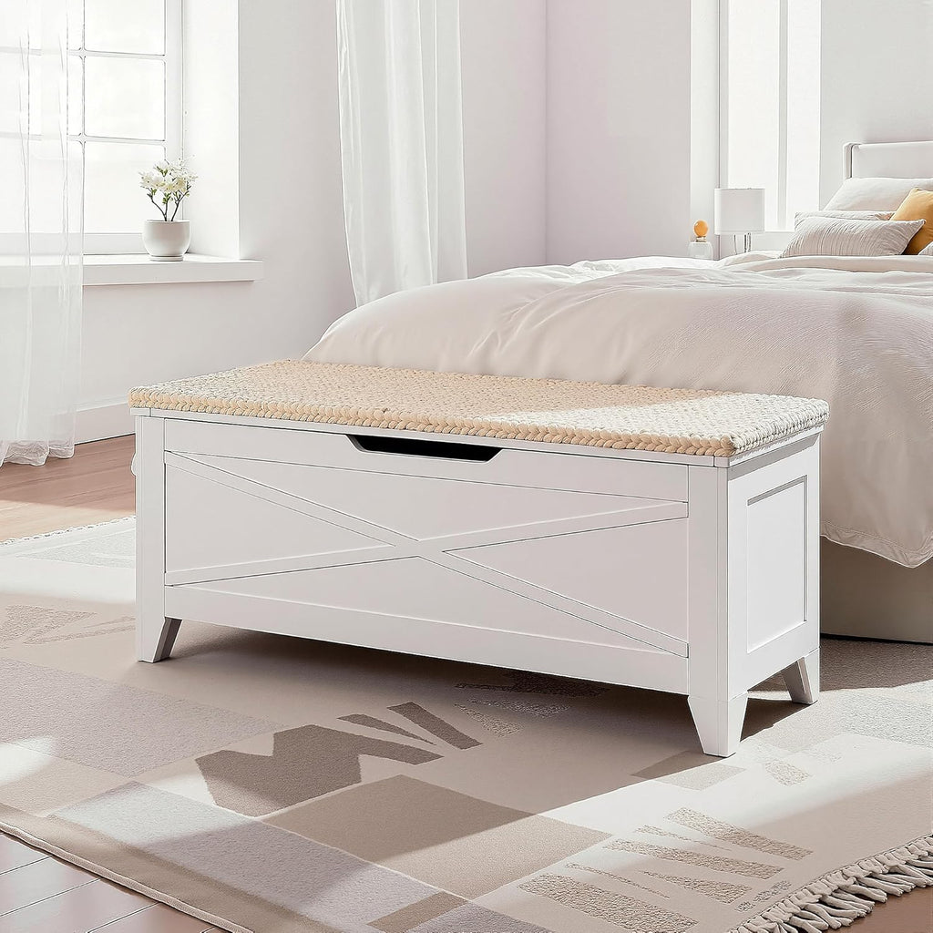 VECELO 43.3" Storage Bench, Entryway Shoe Ottoman, Farmhouse Style Bench with Handwoven Cushion and Metal Safety Hinges, for Bedroom, Living Room, Entryway, White