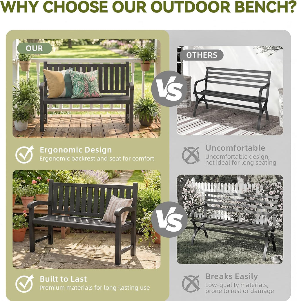 Outdoor Bench, 2-Person Outdoor Benches Weatherproof, 600 lbs Weight Capacity, Low Maintenance, Garden Bench for Patio, Park, Porch, Backyard, Balcony
