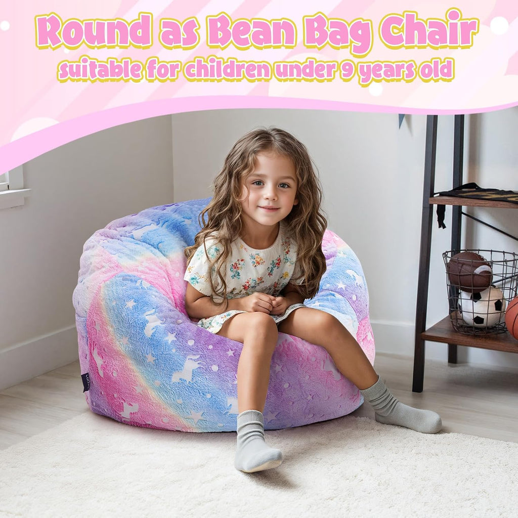 COMAX Bean Bag Chair for Kids, Toddler Beanbag Bed Unicorn, Convertible Children Bean Chair to Floor Mattress with Filler, Stuffed Child Bean Bags for Girl Boy Sleeping, Colorful Rainbow