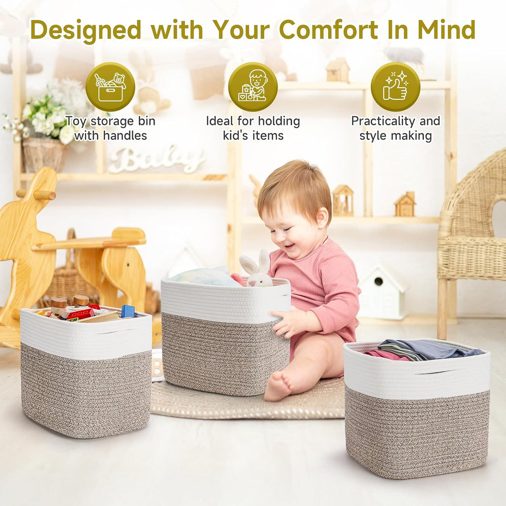 3Pack Cube Storage Bins,Square Storage Baskets for Christmas Decorative,Foldable Trunk organizer for Car,11Inch Durable Cotton Rope Woven Storage Basket for Organizing-Brown Basket for Shelves,Camping