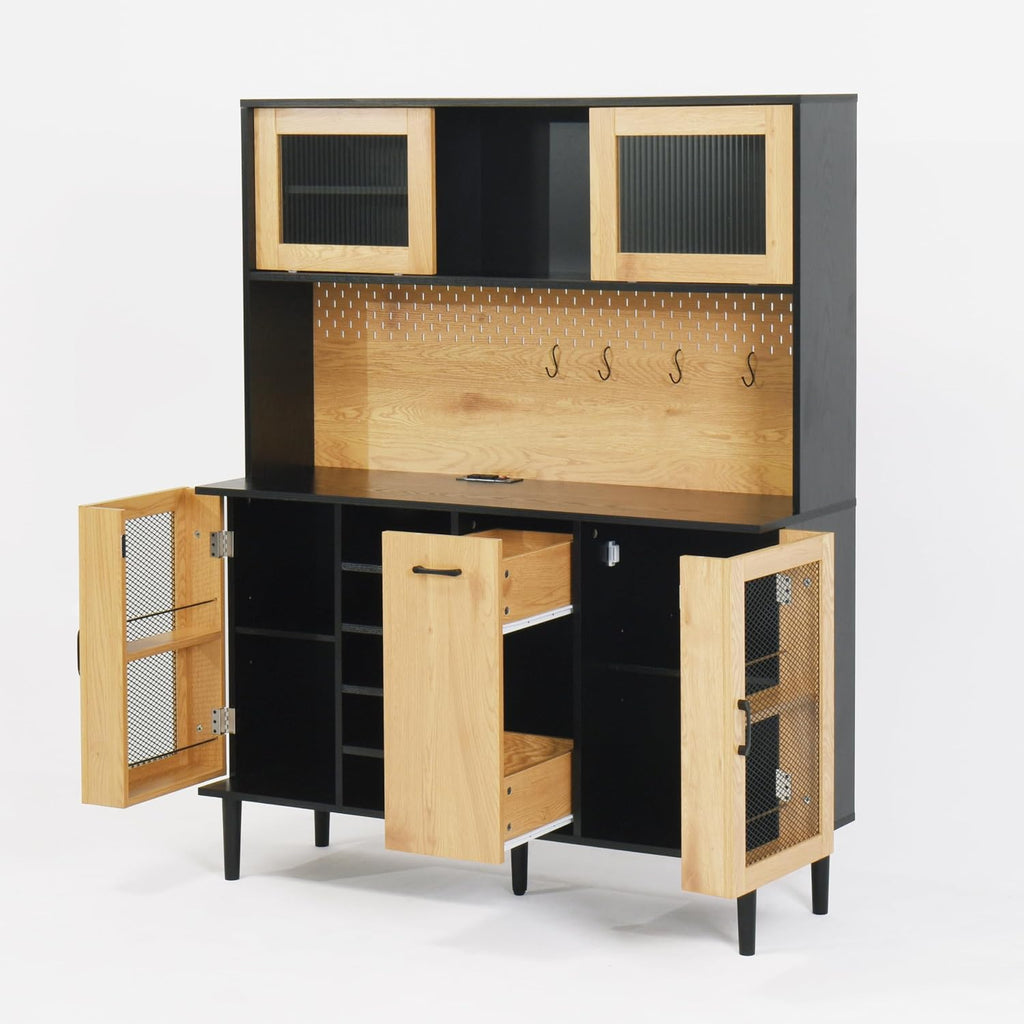 Farmhouse Buffet Sideboard Cabinet with Power Outlet & Wine Rack -59" Height, Coffee Bar Cabinet with Storage Door for Kitchen Pantry Living Room