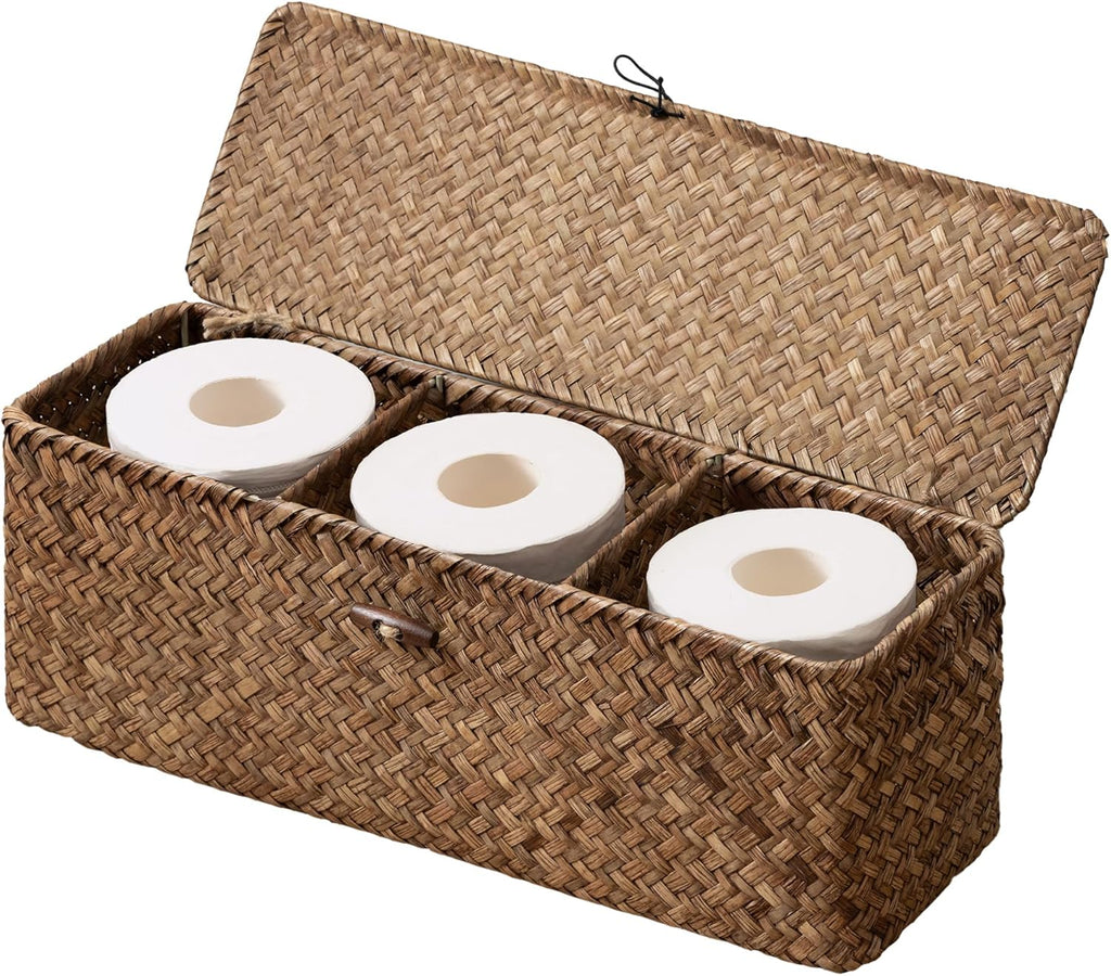 StorageWorks Toilet Paper Storage Basket with Lid, Large Wicker Baskets with 3 Compartments, Seagrass Back of Toilet Basket for Tank Topper, Shelves Organizer, 16½"x 5½"x 5½, 1-Pack