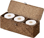 StorageWorks Toilet Paper Storage Basket with Lid, Large Wicker Baskets with 3 Compartments, Seagrass Back of Toilet Basket for Tank Topper, Shelves Organizer, 16½"x 5½"x 5½, 1-Pack