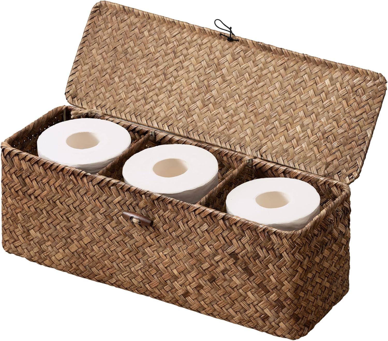 StorageWorks Toilet Paper Storage Basket with Lid, Large Wicker Baskets with 3 Compartments, Seagrass Back of Toilet Basket for Tank Topper, Shelves Organizer, 16½"x 5½"x 5½, 1-Pack