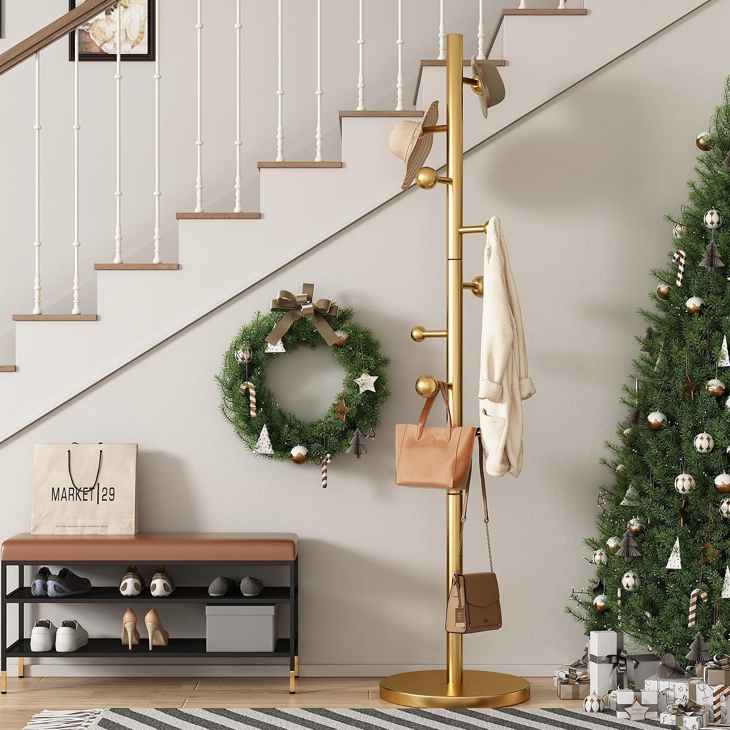 Coat Rack Freestanding Coat Tree with 8 Hooks Coat Hanger Stand,Gold | Heavy Duty Metal Coats Rack Stand for Jacket Hat Clothes Bag Stainless Steel Hall Tree Hat Racks for Entryway Bedroom Hallway