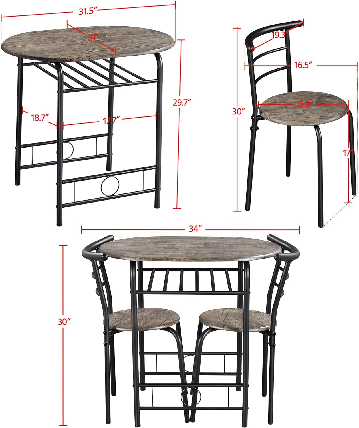 Yaheetech 3 Piece Dining Table Set, Kitchen Table & Chair Sets for 2, Compact Bistro Table Set with Steel Legs, Built-in Wine Rack for Small Space, Apartment, Breakfast Nook, Drift Brown