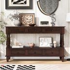 Knocbel Console Table with 6 Storage Drawers and Bottom Shelf, Vintage Sofa Table with Solid Wood Frame and Legs for Entryway Living Room, 54" W x 13.5" D x 32" H, Espresso